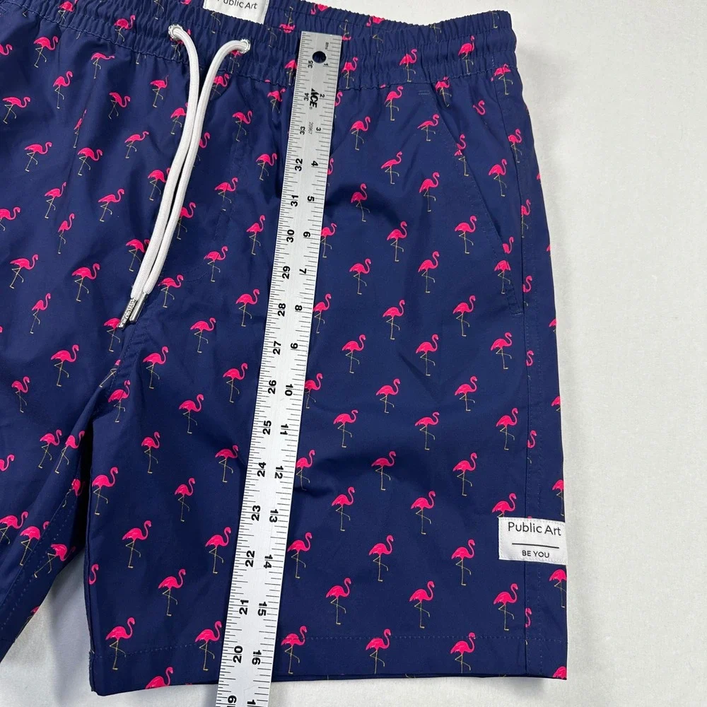 New Public Art Swim Trunks Sz Medium Navy Blue Pink Flamingo Liner Board Shorts‎